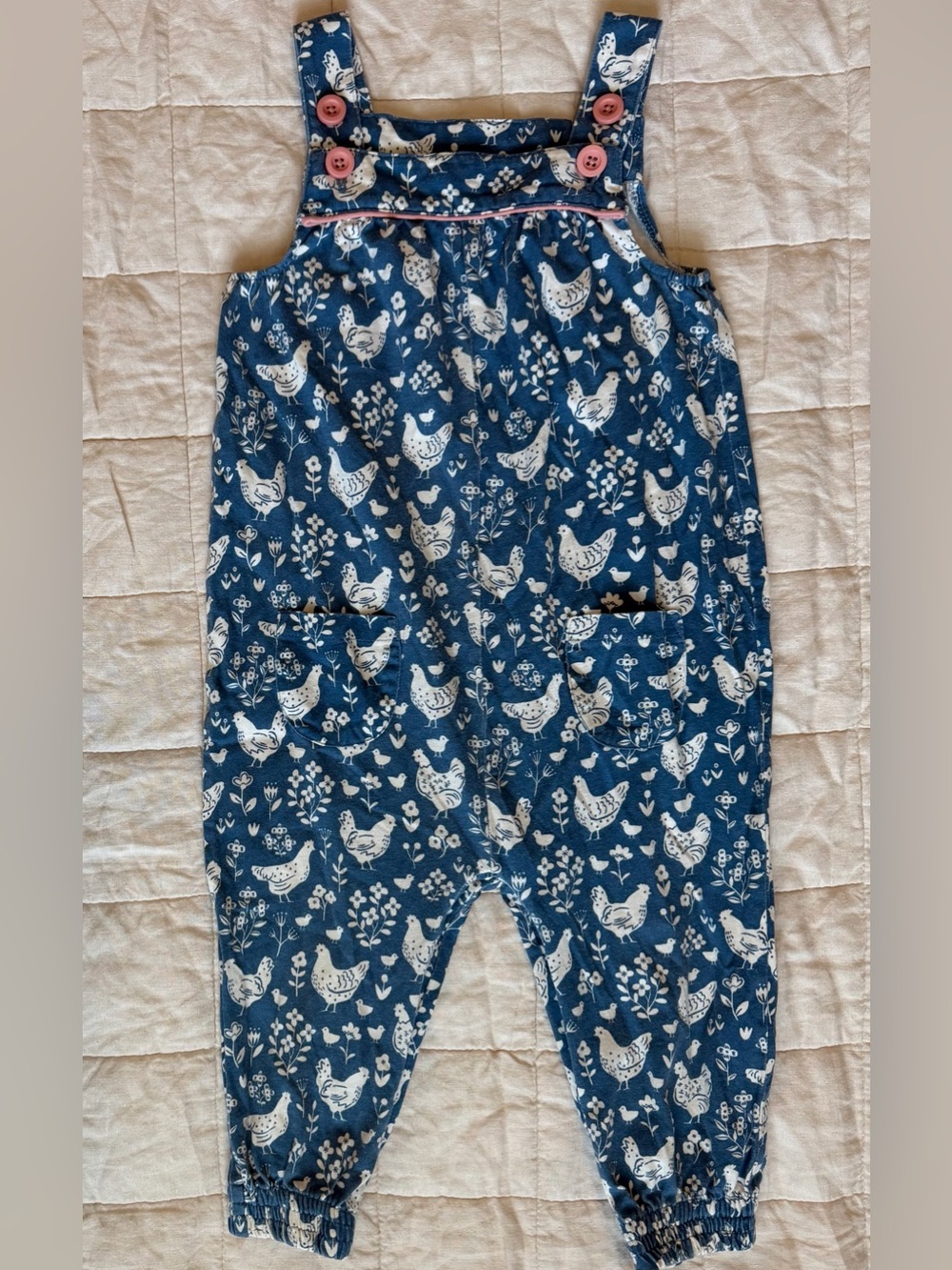 Baby Boden Blue Hen-Print Dungaree Romper Overalls Cottagecore Autumn- 18-24 M